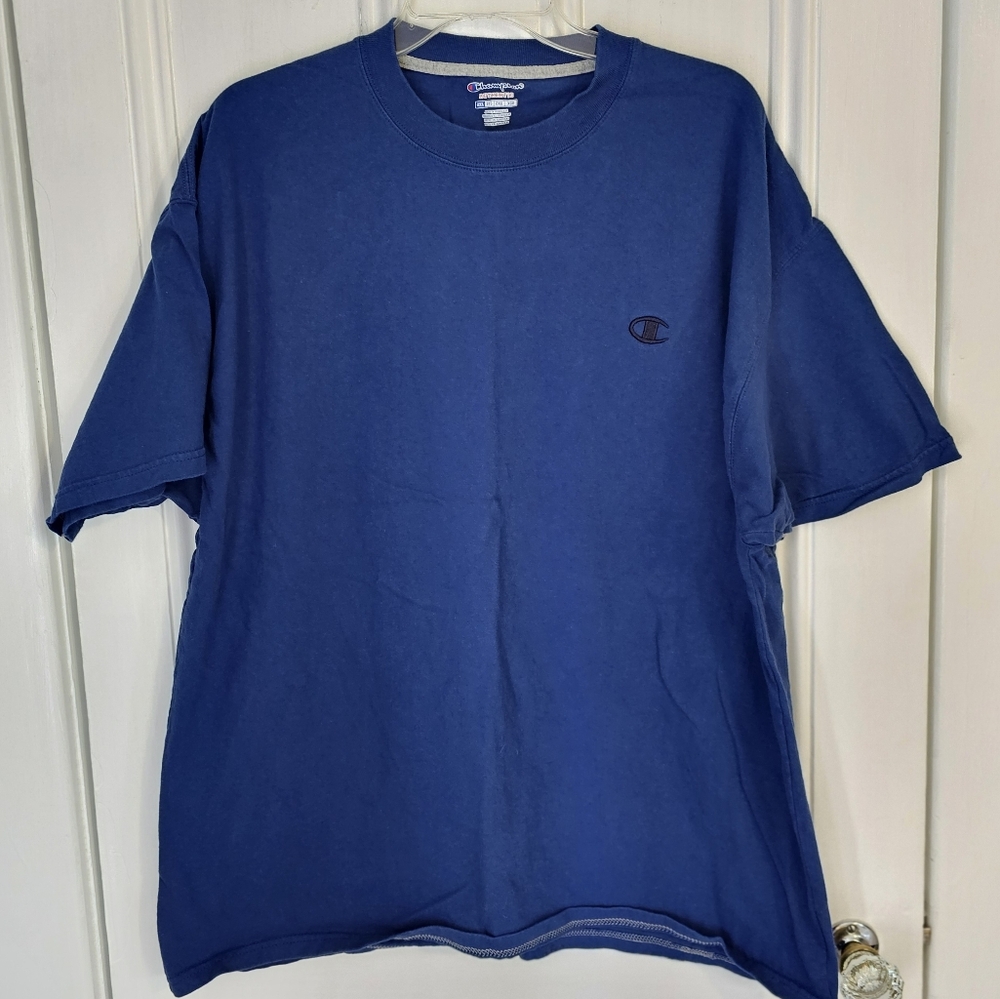 Champion Authentic Men's 2XL Embroidered Short Sleeve Tee Shirt Blue Cotton Logo